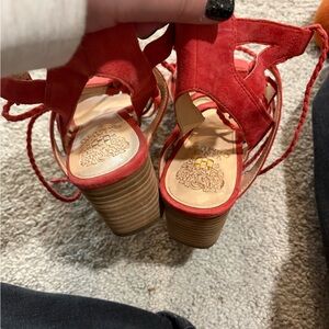 Vince Camuto Red Suede Lace-Up Block Heels
